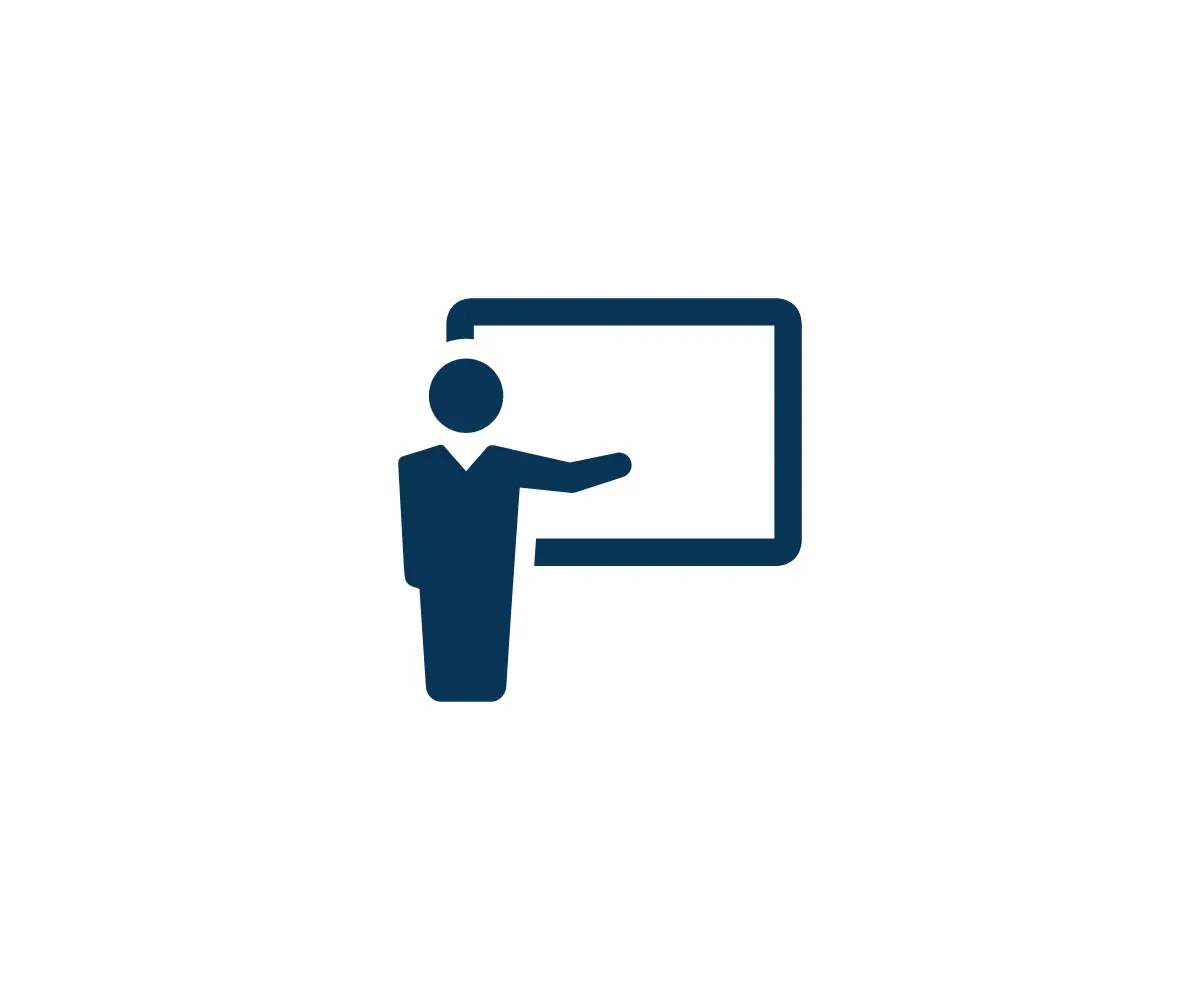 Ikon föreställande en person som håller presentation framför en whiteboard – symbol för VIMABs utbildningar inom ve...